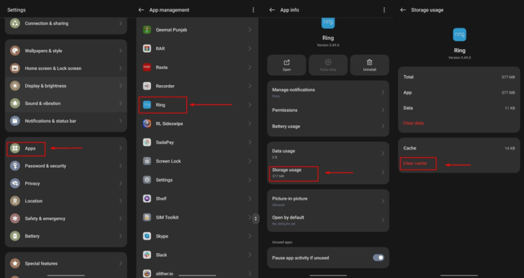 clear ring app cache on android