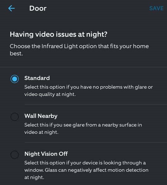 night vision options in the ring app