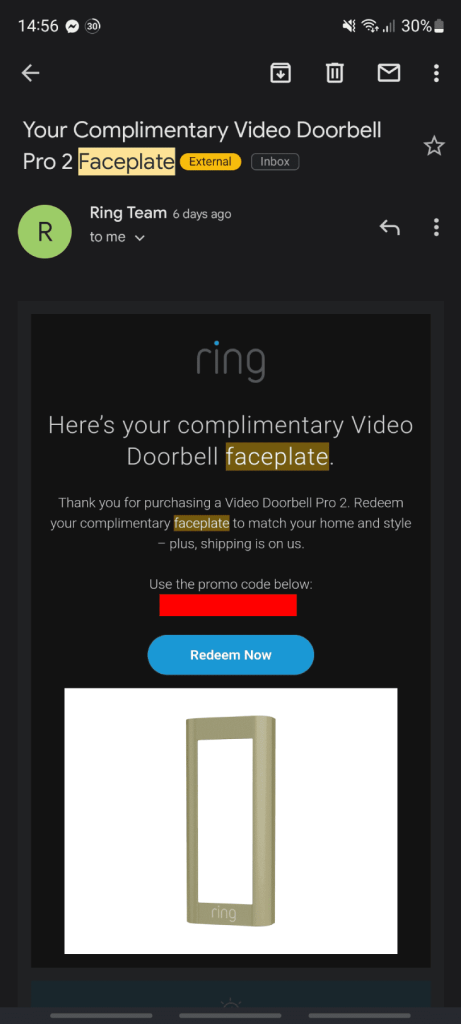 ring email about free faceplate